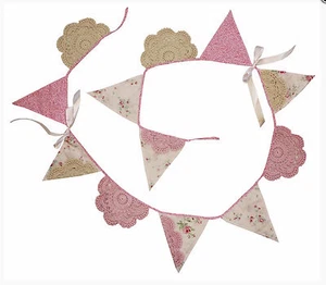 Shabby Chic Pink Lace Floral Bunting Flags Girls Nursery Bedroom Wall Decor - Picture 1 of 3