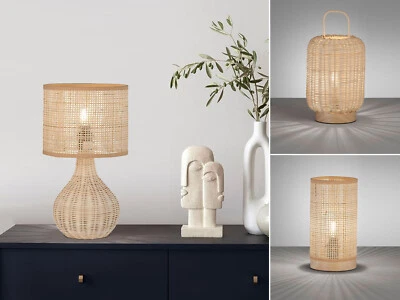 FISCHER & HONSEL Nachttischlampen skandinavisch aus Korbgeflecht, Lampenfuß Naturmaterialien Holz