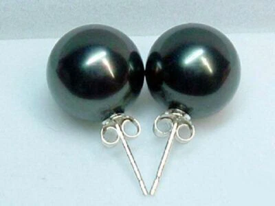 8-14mm Black South Sea Shell Pearl Silver Stud Dangle Earrings Women Girl - Image 1 of 3
