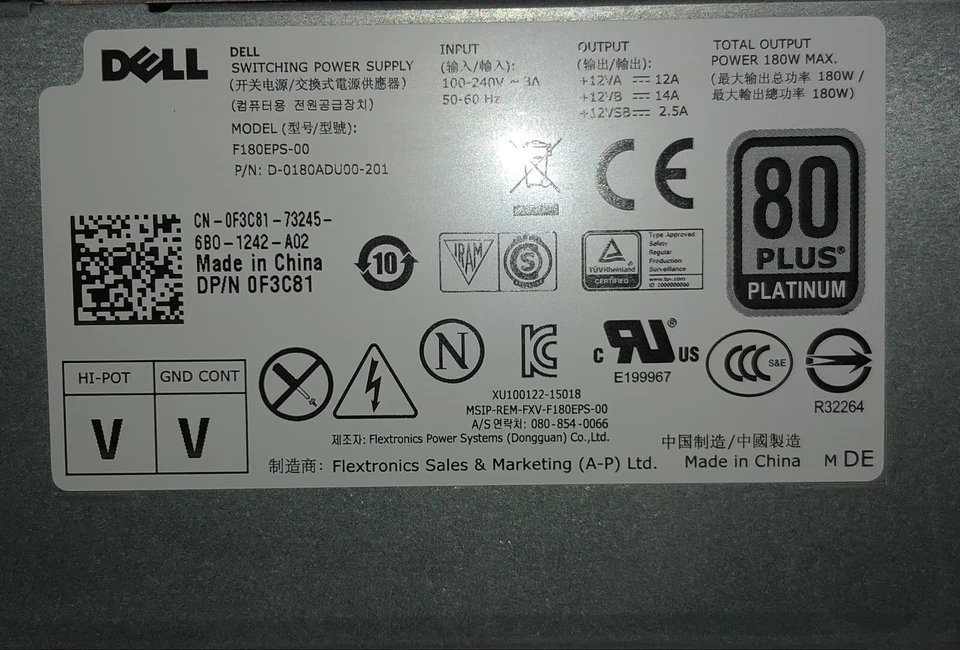 Dell Genuine 3040 Optiplex SFF 0F3C81 F3C81 F180EPS-00 Power Supply 180W TESTED - Image 1 of 1