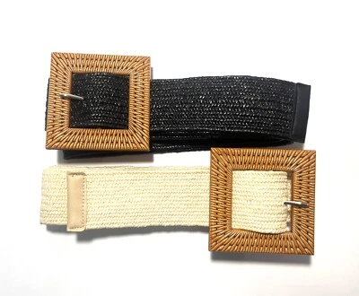 Juego de 2 cinturones elásticos tejidos gruesos con hebilla cuadrada para mujer negros y crema Foto 1 de 4