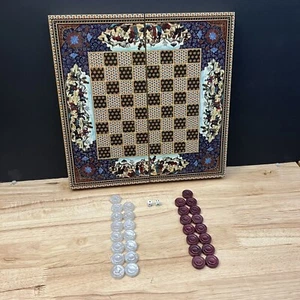 Wooden Backgammon - Chess with Stone Chips / Dice - Picture 1 of 10