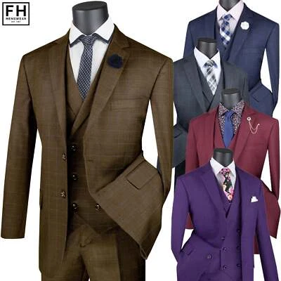 VINCI Men's Glen Plaid 3-Piece Suit 36S-62L, 5 Colors, Classic Fit - NEW - Image 1 of 4