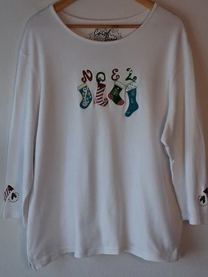 Coral Bay女式**2X刺绣NOEL白色棉假日套衫3/4 Slvs。 — 第 1/4 张图片