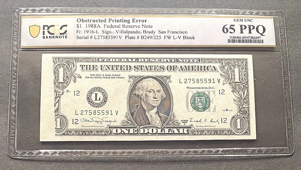 *AWESOME* $1 1988/A "OBSTRUCTED ERROR NOTE" PCGS GEM CU 65PPQ - Image 1 of 2