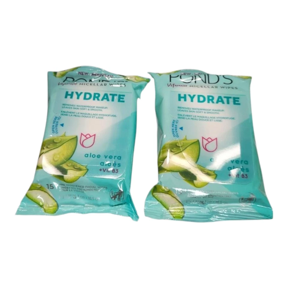2 Pond's Vitamin Micellar Wipes Hydrate Aloe Vera Vit B3 Pre-Moistened 15 Each - Image 1 of 1