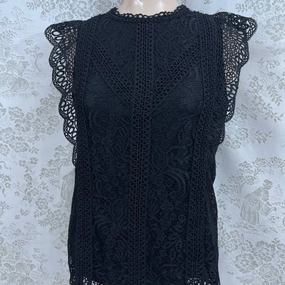 Calibre Cable Top Whimsigoth Twee Hada Negro Encaje Crochet Sin Mangas Cuello Alto Foto 1 de 4