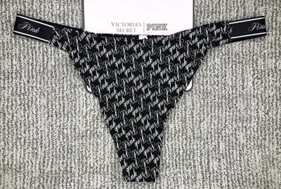 Victoria's Secret ROSA NUEVO CON ETIQUETAS XL Negro Logo Tanga Panty Lindo Hechizo Sexy Foto 1 de 4