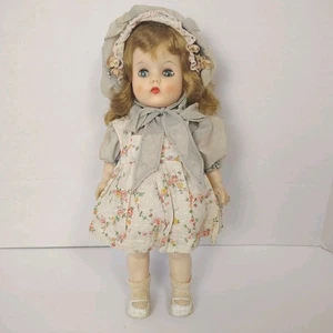 Vintage 1950er Hartplastik Puppe 12 Zoll Schlafaugen Blumenkleid Haube Gelenkkörper - Bild 1 von 17