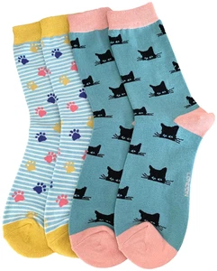 Cat Socks 2 Pair Multi Pack Cats Paw Print Blue Pink Womens Bamboo Cotton Blend - Picture 1 of 6