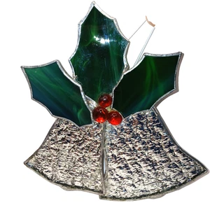 Vidrieras Campanas de Navidad Atrapasol Vidrio Laminado Rojo Verde Plata 7x6.5 pulgadas - Imagen 1 de 5