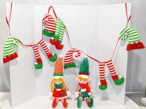 Christmas Boy & Girl 18" Elves & ELF FELT PLUSH Legs & Hats 64" GARLAND *HTF*EUC - Picture 1 of 22
