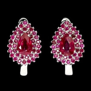 925 Sterling Silver Earrings Pear Ruby 6x4mm Ruby Myanmar Gemstone Jewelry - Picture 1 of 14