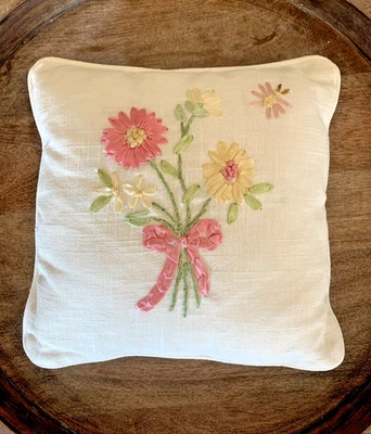 Ribbon Embroidery Pillow White Linen Flowers and Butterfly Ribbons Cottage - Image 1 of 4