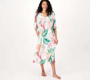 Breezies Lounge Blissful Breeze Sleeve Dress Cream Palm S New - Picture 1 of 1