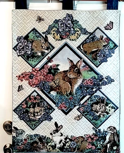 Spring Bunnies Tapestry Wall Hanging Art Tapestry Rabbits Butterflies Flowers - Picture 1 of 8