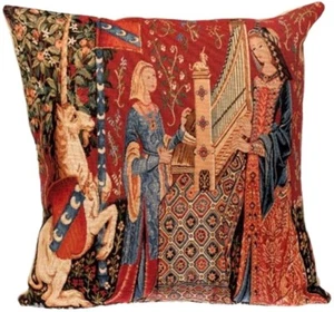 LADY & UNICORN 5 SENSES SERIES, THE HEARING 18" TAPESTRY CUSHION COVER WITH ZIP - Picture 1 of 2