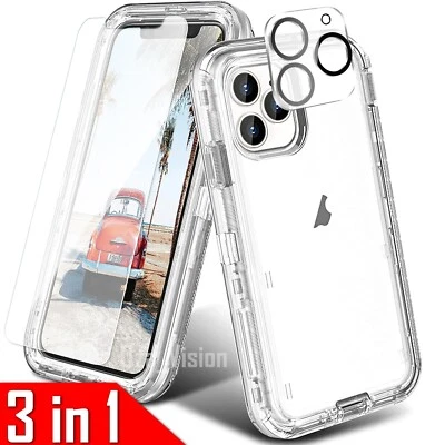 For iPhone 16 15 14 13 12 11 Pro Max Shockproof Clear Case + Screen Protector - Image 1 of 4