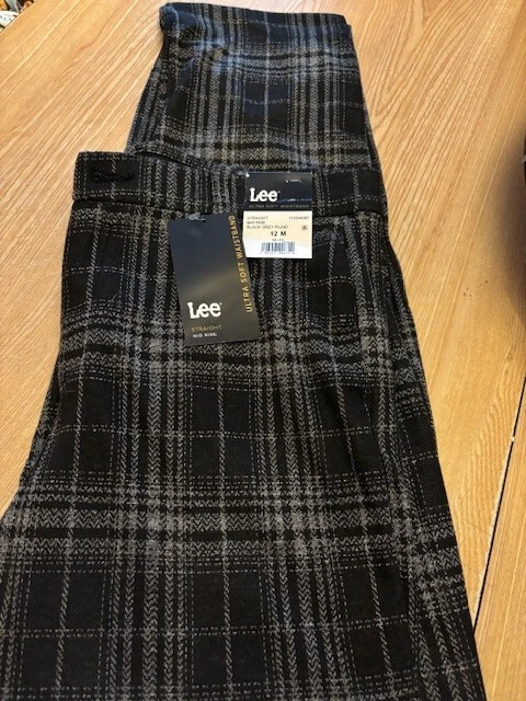 LEE - SIZE 12 M - Black Plaid Regular Fit Comfort Waist Straight Knit Pants-NEW