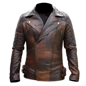 Men's Biker Classic Diamond Motorcycle Brown Distressed Vintage Leather Jacket - Picture 1 of 4