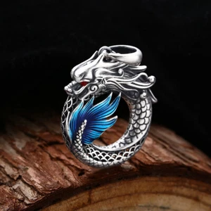 S925 Silver OUROBOROS Dragon Pendant BLUE ENAMEL Viking Gothic Red Eye 9g - Picture 1 of 11
