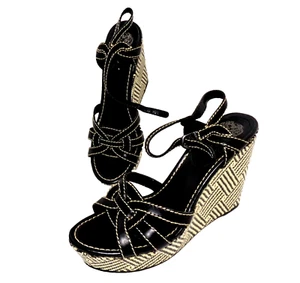 Vince Camuto Black Leather Sandals Wedge Heels Shoes Women's Us 9B - Picture 1 of 12