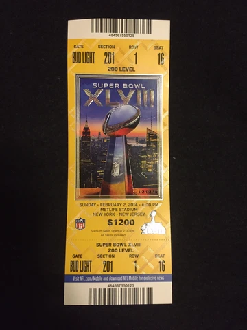 2014 Super Bowl XLVIII Yellow Ticket With Lanyard Hat Gloves Radio Seat Cover