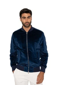 $3800 ISAIA NAPOLI Blue Bomber Jacket Velvet Cotton / Linen 40 US / 50 EU Slim - Picture 1 of 7
