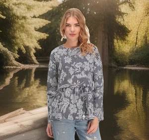 NWT Zara M Blue White Stripe Floral Oversized Peplum Pleat Frill Hem Top Cottage - Picture 1 of 7