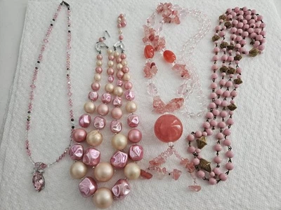 Vintage Estate Lot Necklaces Pink Tones Mixed Materials And Styles - Image 1 of 4