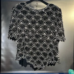 Laurence Kazar schwarz silber weiß Perlen Pailletten Kleid Top 3X - Bild 1 von 11