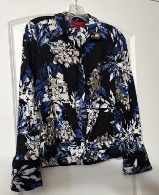 Jennifer Lopez Black Blouse with Blue Tan White Floral size M Buttons Dressy - Image 1 of 4