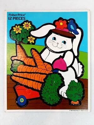 Fisher Price Frame Tray Puzzle Bunny Rabbit Carrots USA 1992 Vintage  12 Pieces - Image 1 of 4