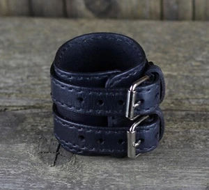 Black leather bracelet, Men's cuff, Women accessories. - Picture 1 of 9