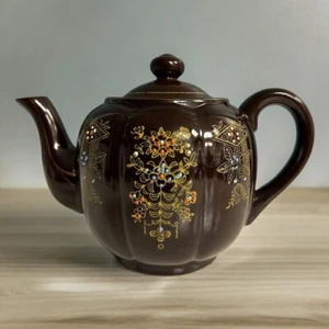 Japanese Brown Betty Ceramic Teapot Ornately Painted Flowers & Vine Japan Made - Picture 1 of 10