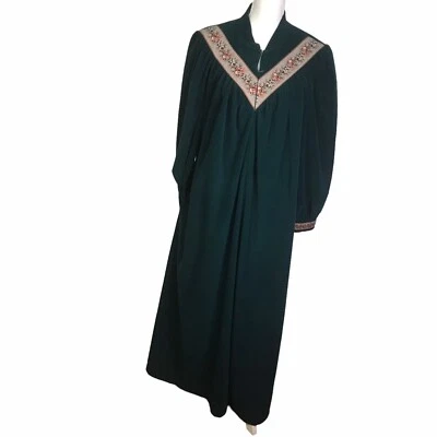 Bata de terciopelo verde oscuro Vanity Fair vintage 1/4 cremallera bolsillos EE. UU. Grannycore Foto 1 de 4