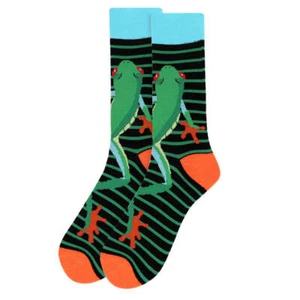 Men's Frog Socks  Gift for Animal Lovers Crew Socks Fun Striped Amphibian Design - Picture 1 of 3