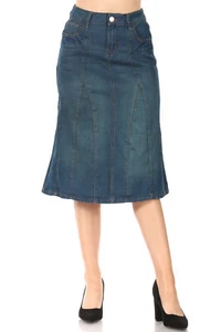 Women's Juniors/Plus Size Calf - Length A-Line Stretch Denim Skirt - Picture 1 of 21