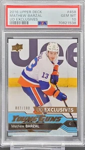 2016/17 Upper Deck Mathew Barzal #458 Young Guns EXCLUSIVES 002 /100 PSA 10 - Picture 1 of 4