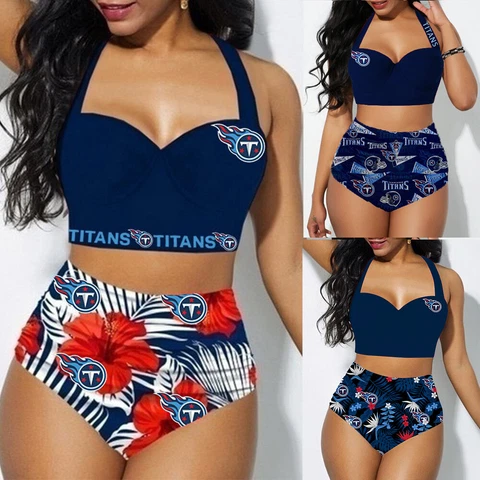 Tennessee Titans 2PCS Women's Floral Bikini Butt Lift Swimsuit Bathing Suit Cover