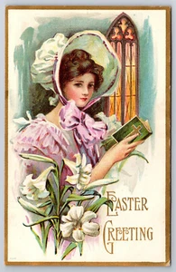 A259  Easter Greeting Card Dress Bonnet Posted Card Vintage Postcard - Picture 1 of 2