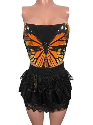 Y2K Cosplay Party set black Ruffle Mini Skirt Butterfly Bustier Nwt Costume S - Image 1 of 4
