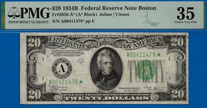 1934B $20 FRN Boston Star PMG 35 crazy rare star total 10 known Fr 2056-A - Picture 1 of 3