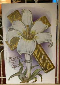1909 EASTER GREETINGS EASTER Large LILY GOLD CROSS Vintage ROSE COMPANY POSTCARD - Picture 1 of 6