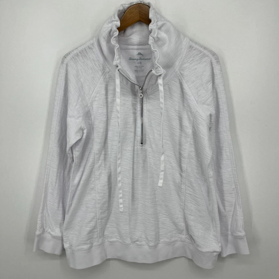 Tommy Bahama Sweatshirt Women's Size L White 1/2 Zip Pullover High Neck Cotton - Image 1 of 4