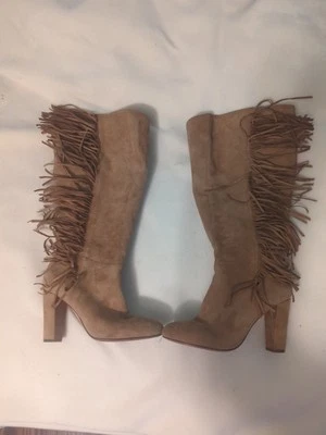 Ralph Lauren Vanida Suede Heel Boots Knee High Size 7.5 Wom Fringe Western Brown - Image 1 of 4