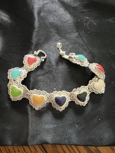 Bracciale cuore multicolore tono argento stile sud-ovest 7" e esca firmata - Foto 1 di 5