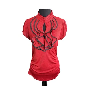 Camicetta Heartsoul taglia XL rossa con volant davanti manica ad aletta increspata elasticizzata bordo nero nuova con etichette - Foto 1 di 9