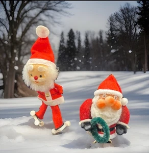 2 VTG Flocked Velvet SANTA Ornaments Pipe Cleaner Santa on Roller Skates MCM 5" - Picture 1 of 18