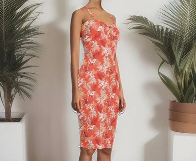 No Boundaries Juniors Midi sleeveless Dress curve-hugging Orange floral XS - Image 1 of 4